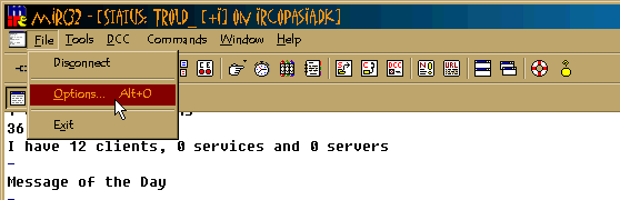 hvor finder jeg options i mIRC?