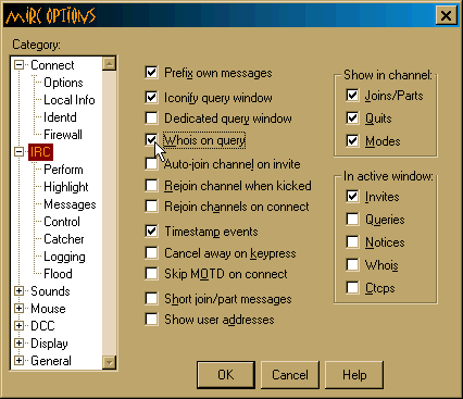 Brugeren har netop bedt mIRC om automatisk at lave et whois opslag, når der skrives privat